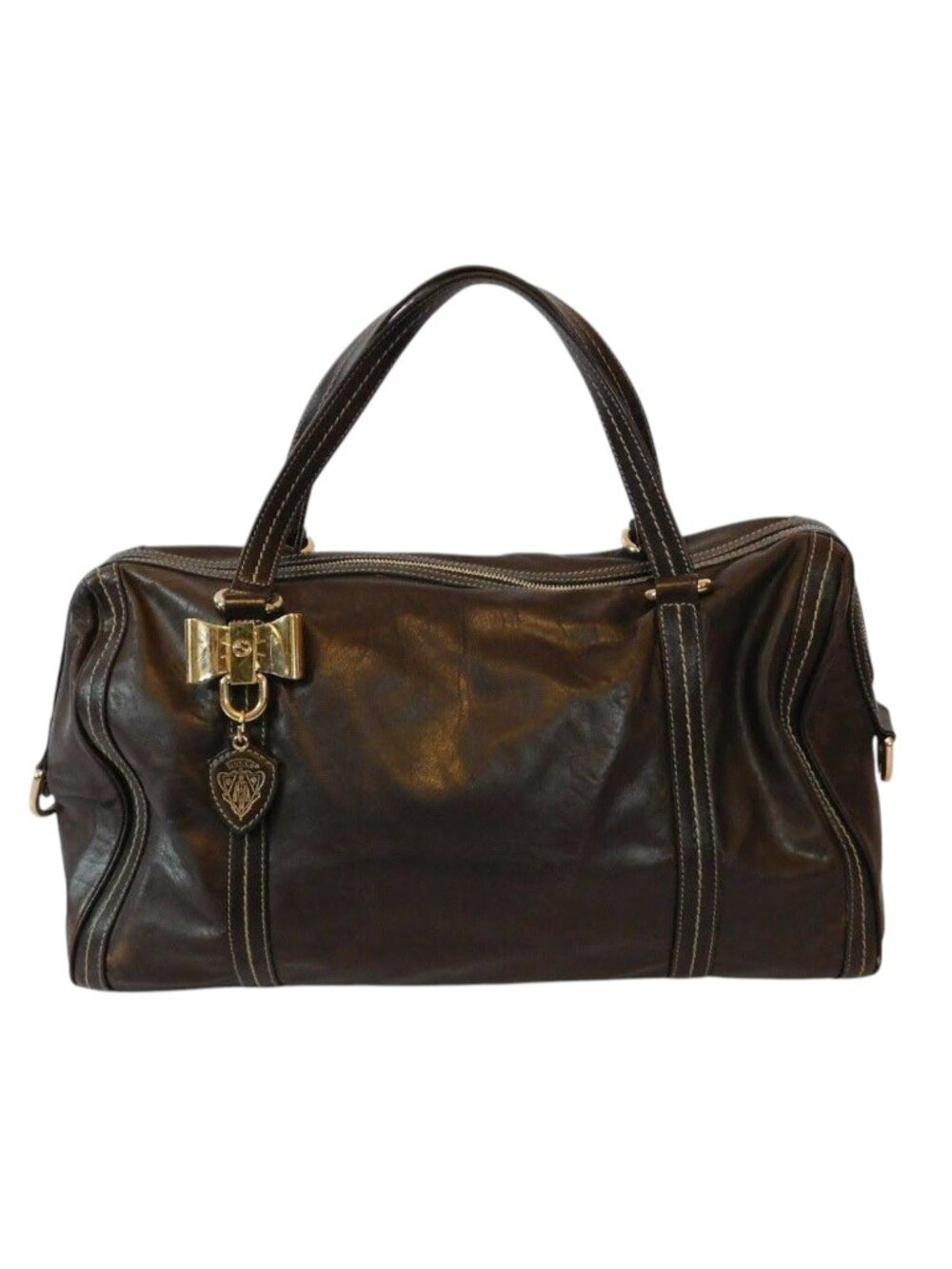 Gucci Large Duchessa Boston Bag Dark Brown Leather Gold Handbag Purse Authentic